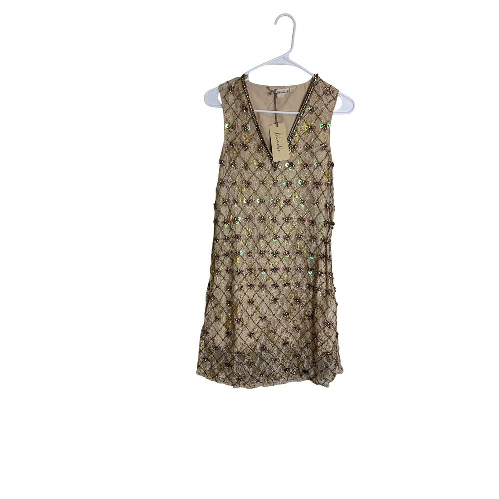 Let Me Be Dress Womens XS Gold Beaded Sequin Lace Shift Mini Party‎ Cocktail